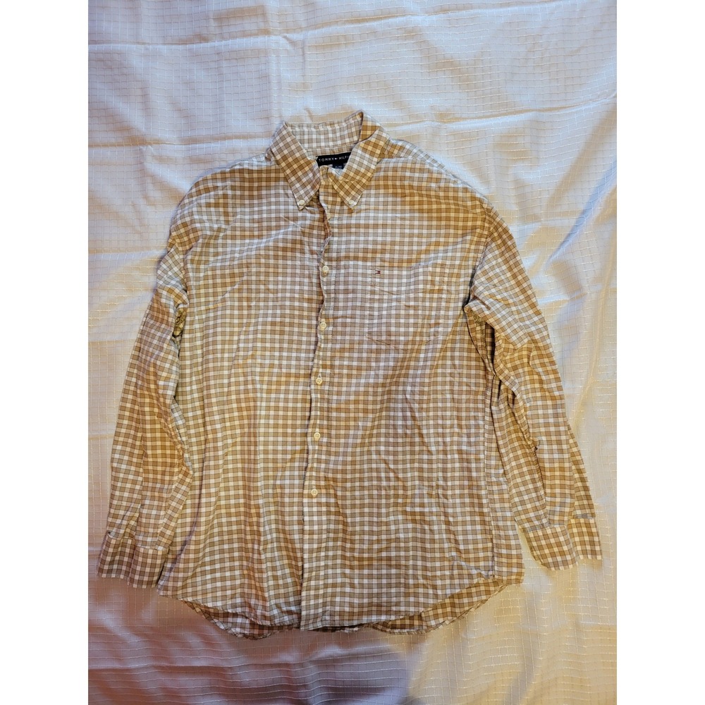 Tommy Hilfiger Mens XL Gingham Button Down Shirt Tan White Cotton Plaid 383430